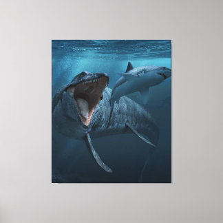 Mosasaurus chasing shark canvas print