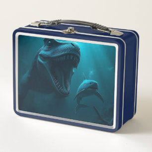 Mosasaurus chasing shark metal lunch box