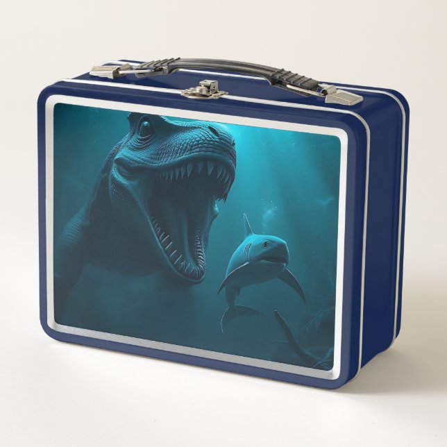 Mosasaurus chasing shark metal lunch box (Front)