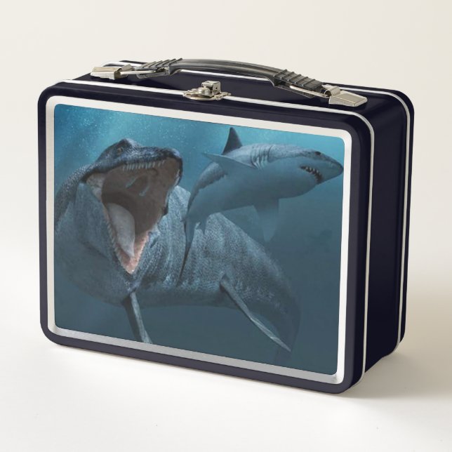 Mosasaurus chasing shark metal lunch box (Front)