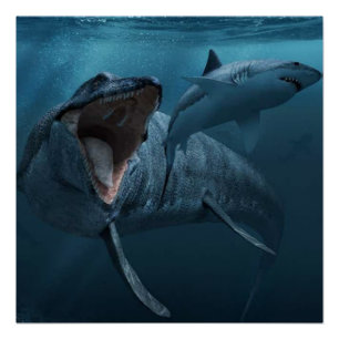 Mosasaurus chasing shark poster