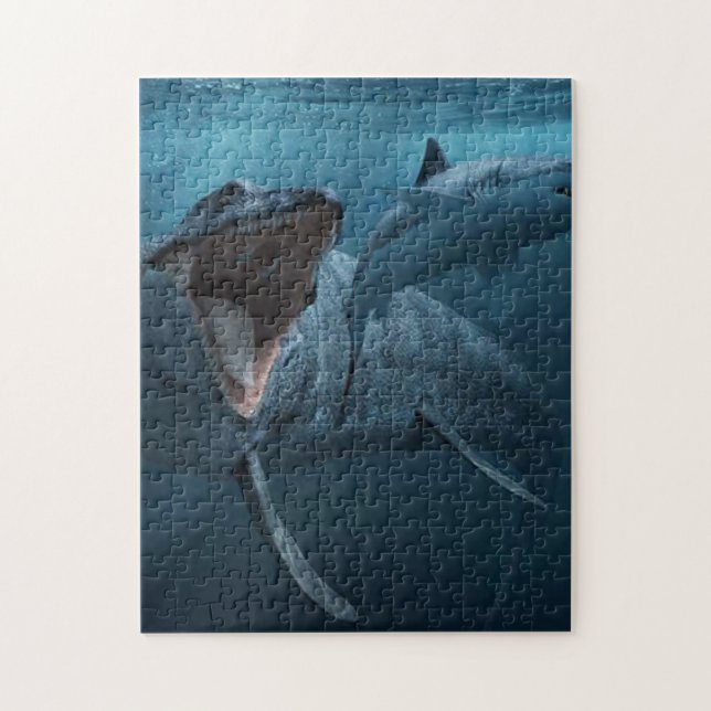 Mosasaurus chasing shark poster acrylic print jigsaw puzzle (Vertical)