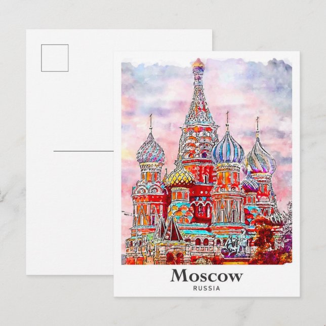 Moscow Russia Denmark Watercolor Hand Drawn Postcard (Front/Back)