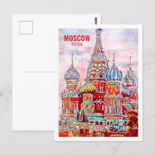 Moscow Russia Famous Travel Place Watercolor Postcard