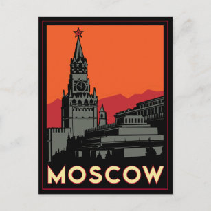 moscow russia kremlin art deco retro travel postcard