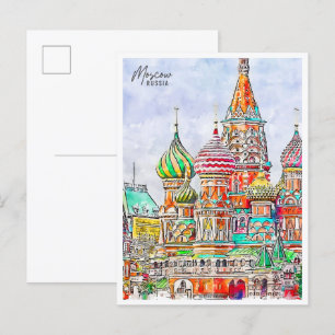Moscow Russia vintage travel watercolor Postcard