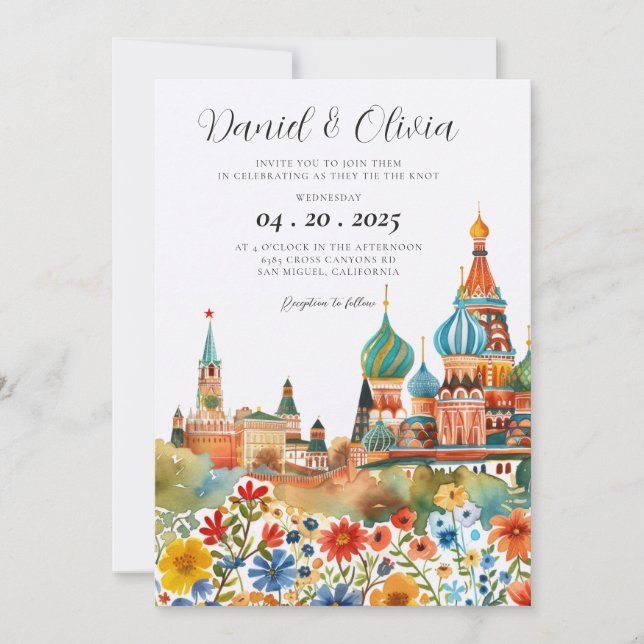  Moscow Russian Watercolor Wedding Invitation (Front)