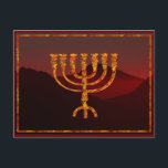 Moshe's Menorah Postcard<br><div class="desc">In the Torah Moshe Rabbenu is told, "You shall make a Menorah of pure gold, beaten out, shall the Menorah be made, its base, its branch, its goblets, its knobs, and its flowers shall be hammered from it, " [Shmot 25:31] and later, "See, and construct, according to their form that...</div>