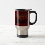 Moshe's Menorah Travel Mug<br><div class="desc">In the Torah Moshe Rabbenu is told, "You shall make a Menorah of pure gold, beaten out, shall the Menorah be made, its base, its branch, its goblets, its knobs, and its flowers shall be hammered from it, " [Shmot 25:31] and later, "See, and construct, according to their form that...</div>