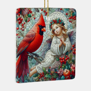 Mosiac Sytle Christmas Angel and Cardinal Ceramic Ornament