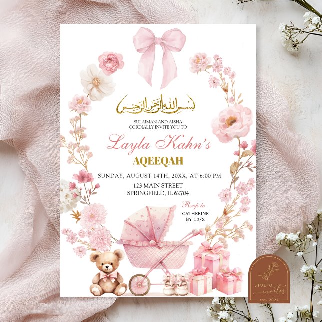 Moslem Pink Bow Coquette Baby Carriage Baby Shower Invitation (Creator Uploaded)