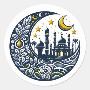 Mosque and Ornate Moon Classic Round Sticker