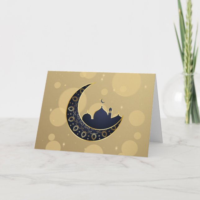 Mosque Crescent Moon Ramadan, blue, gold Holiday Card (Front)