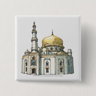 Mosque with gold onion dome and minaret 15 cm square badge