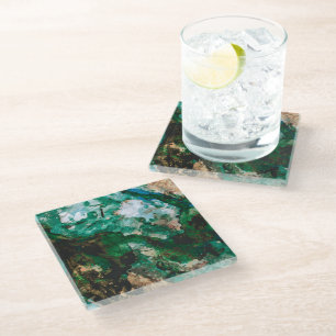 Moss Agate Green Crystal Geode Abstract Glass Coaster