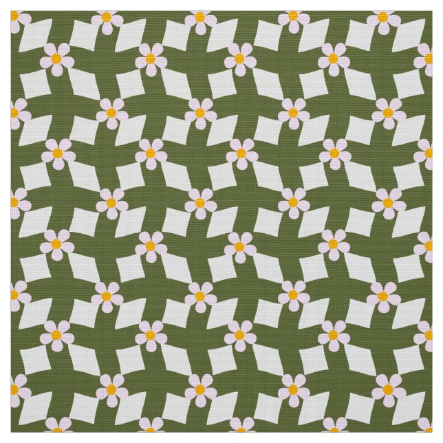 Moss Green Abstract Floral Grid Polyester Fabric (Swatch)