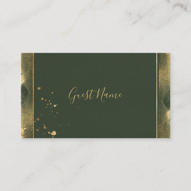 Moss green and gold guest name place card (Front)