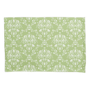 Moss Green and White Damask Pillowcase
