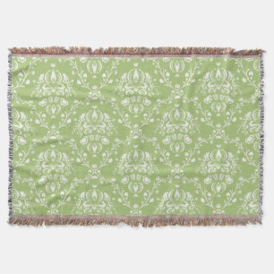 Moss Green and White Damask Throw Blanket