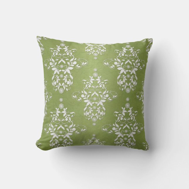 Moss Green and White Floral Damask Cushion (Front)