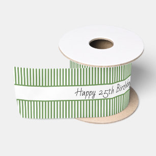 Moss Green and White Stripe Pattern Happy Birthday Satin Ribbon