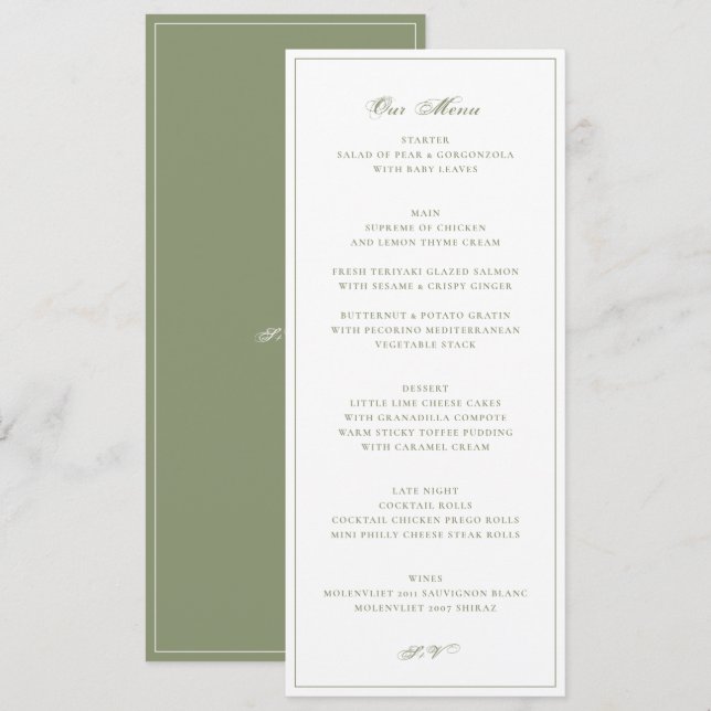 Moss Green Back Formal Wedding Menu (Front/Back)