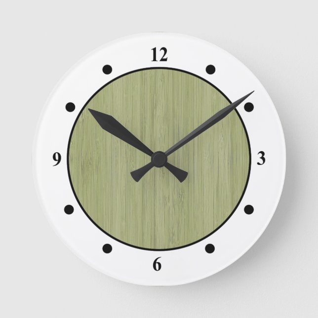 Moss Green Bamboo Wood Grain Look Round Clock (Front)