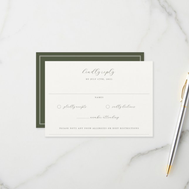 Moss Green Beige Wedding RSVP Card (Front/Back In Situ)