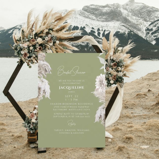 Moss Green Boho White Floral Bridal Shower Invitation (Creator Uploaded)