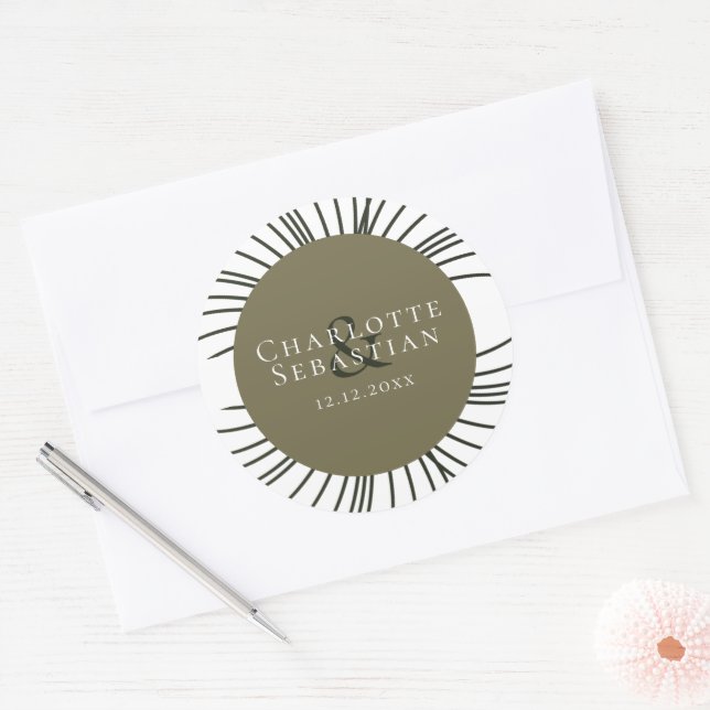 Moss Green Botanical Fan Elegant Wedding Classic Round Sticker (Envelope)