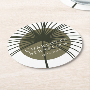 Moss Green Botanical Fan Elegant Wedding Round Paper Coaster