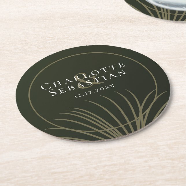 Moss Green Botanical Fan Elegant Wedding Round Paper Coaster (Angled)