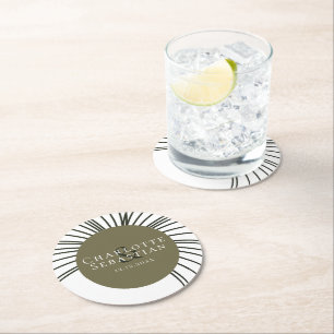 Moss Green Botanical Fan Elegant Wedding Round Paper Coaster