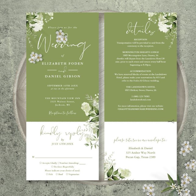 Moss Green Botanical Greenery All In One Wedding Invitation (Moss Green Botanical Greenery All In One Wedding Invitation)