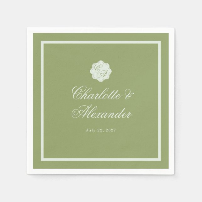 Moss Green Calligraphy Wedding Napkin (Front)