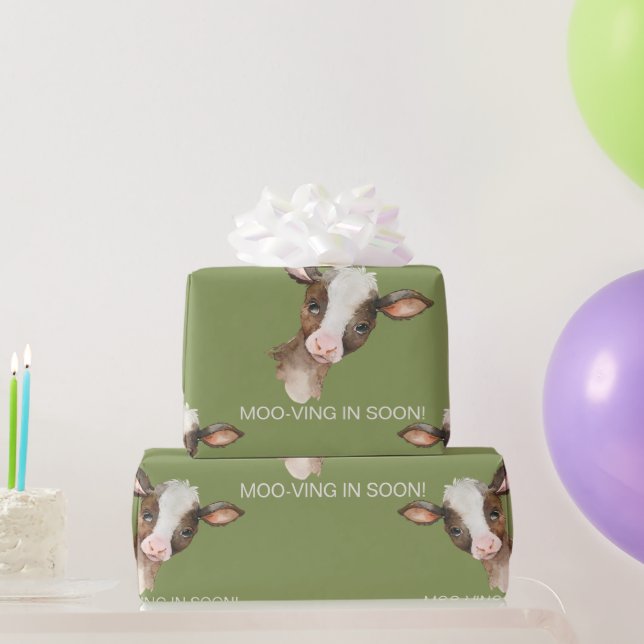 Moss Green Cow Moo-ving in Soon! Baby Shower Wrapping Paper (Party Gifts)