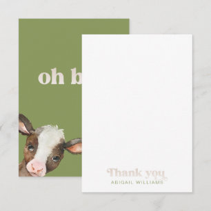 Moss Green Cow  Oh Boy Baby Shower Thank You  Card