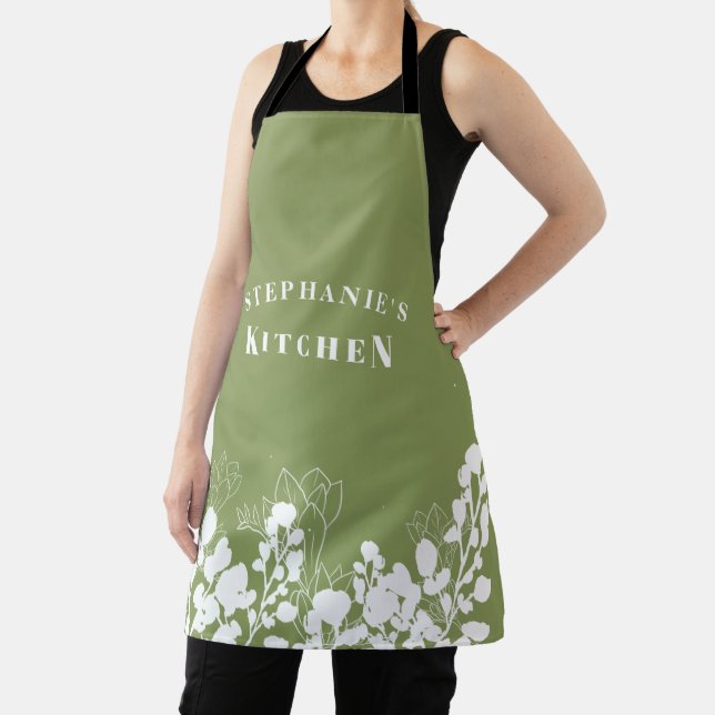 Moss Green Custom Name White Floral Apron (Insitu)