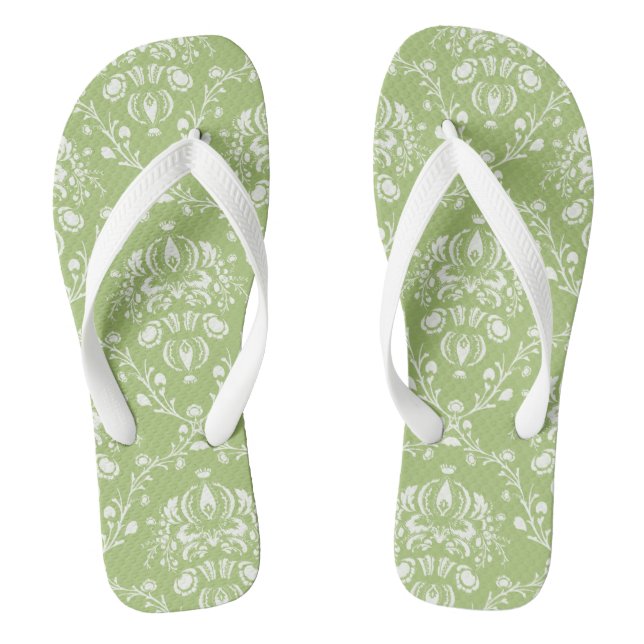 Moss Green Damask Flip Flops (Footbed)