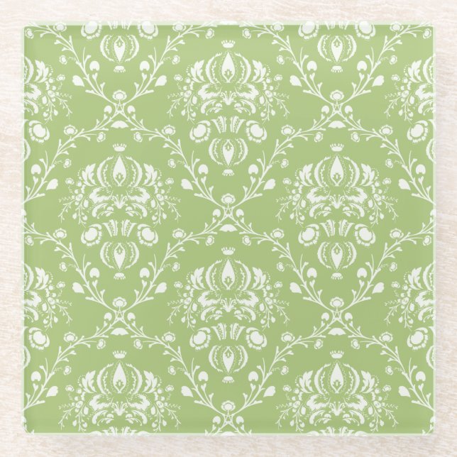 Moss Green Damask Glass Coaster (Front)