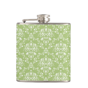 Moss Green Damask Hip Flask