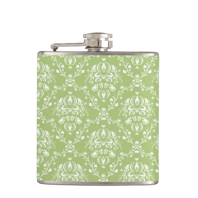 Moss Green Damask Hip Flask (Front)