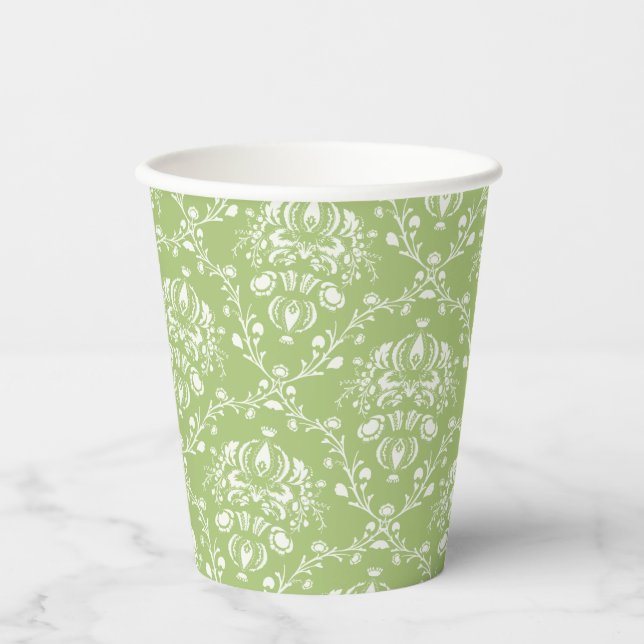 Moss Green Damask Paper Cup (Front)
