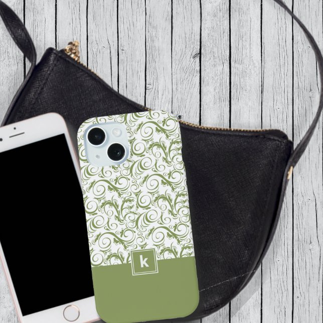 Moss Green Damask Pattern Monogram  iPhone 15 Case (Creator Uploaded)