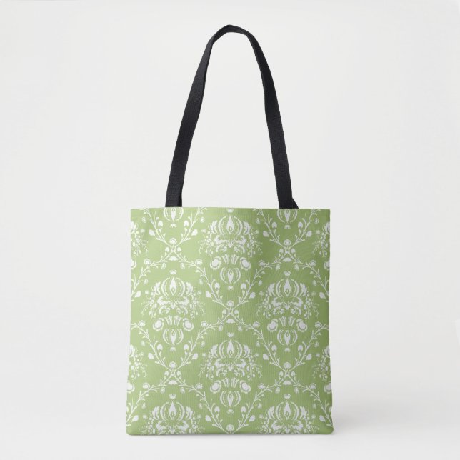Moss Green Damask Tote Bag (Front)