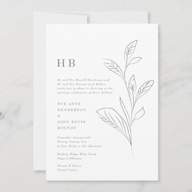 Moss Green Elegant Leafy Garden Monogram Wedding Invitation (Front)