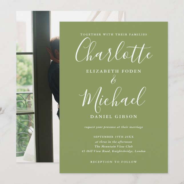 Moss Green Elegant Modern Script Photo Wedding Invitation (Front/Back)