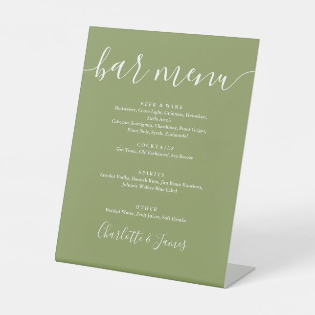Moss Green Elegant Modern Script Wedding Bar Menu Pedestal Sign (Front)