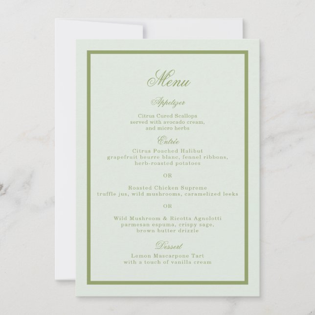 Moss Green Estate Wedding Menu Card (Front)