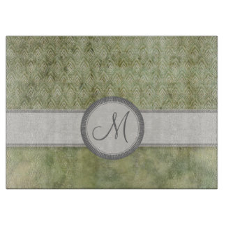 Moss Green Feather Pattern with Grey Monogram Cutting Board